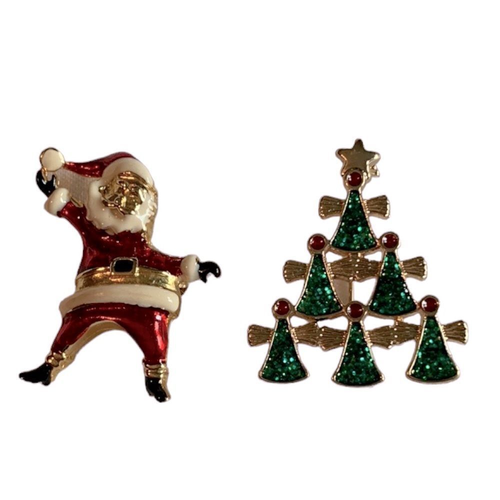 PAIR of Christmas Pins - Santa and Angel Tree Brooches